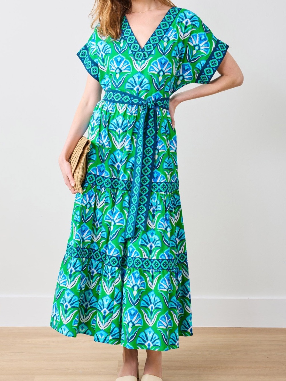 Printfresh Harbour Dress Large Green Geo Floral Organic Cotton Belted NWT